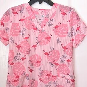 🦩 White Cross Flamingo Palm Leaf Nursing Medical Scrub Top. Size XS